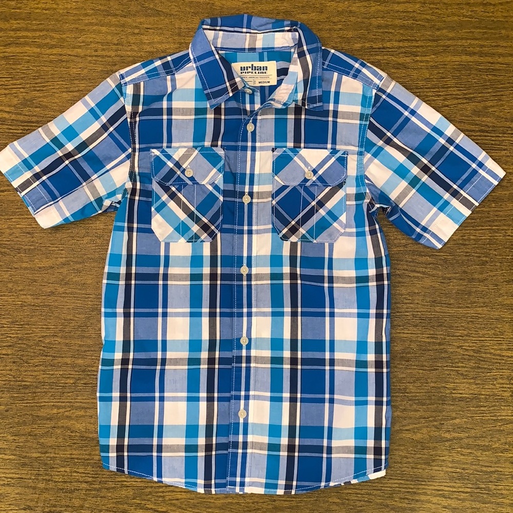 Boys Blue Plaid Button Down Shirt - Medium